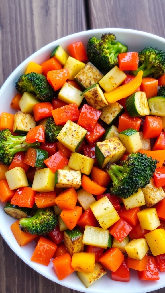 A colorful crispy vegetable medley with bell peppers, zucchini, and broccoli on a rustic table.